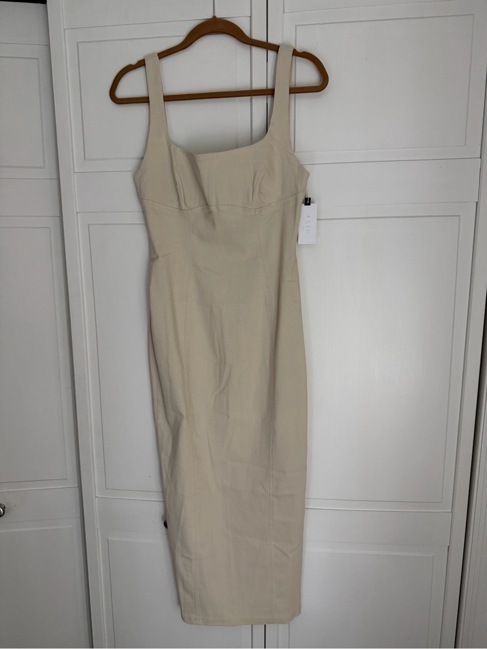 Astr Cream Square-Neck Midi Sheath Dress with Wide Straps